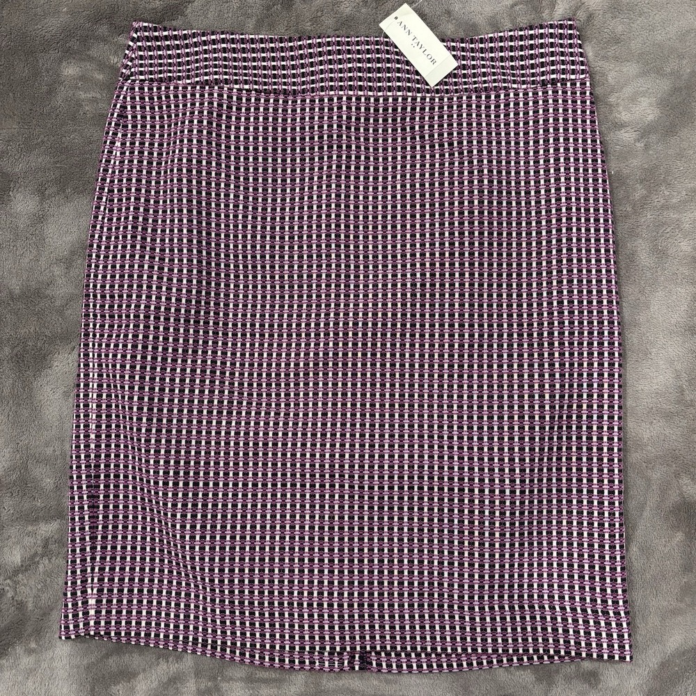 Ann Taylor Women's 8 Purple‎ Black White Check Pencil Straight Lined Skirt